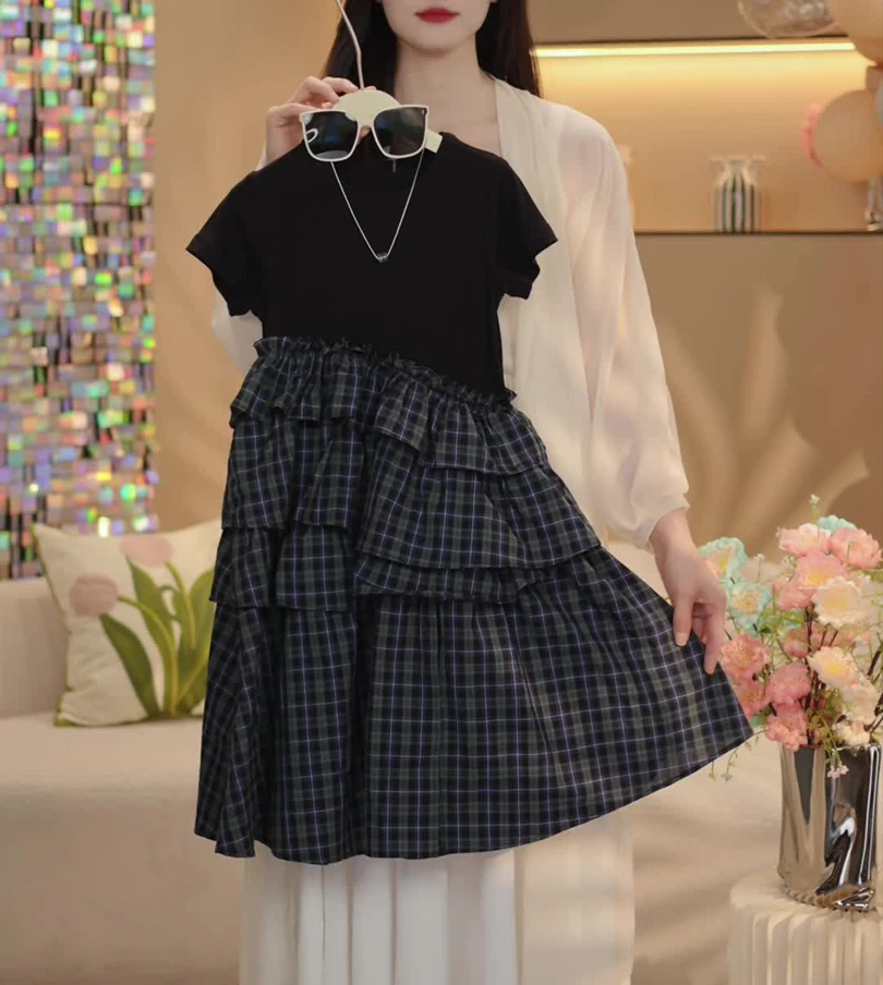 2025新款女大童夏季短袖裙女中大童长款格子裙子女童夏装连衣裙