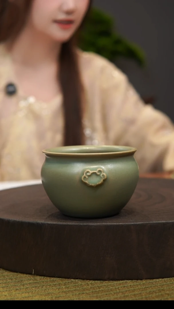 杯如意缸杯  汝州原产地  原矿老釉  带底款