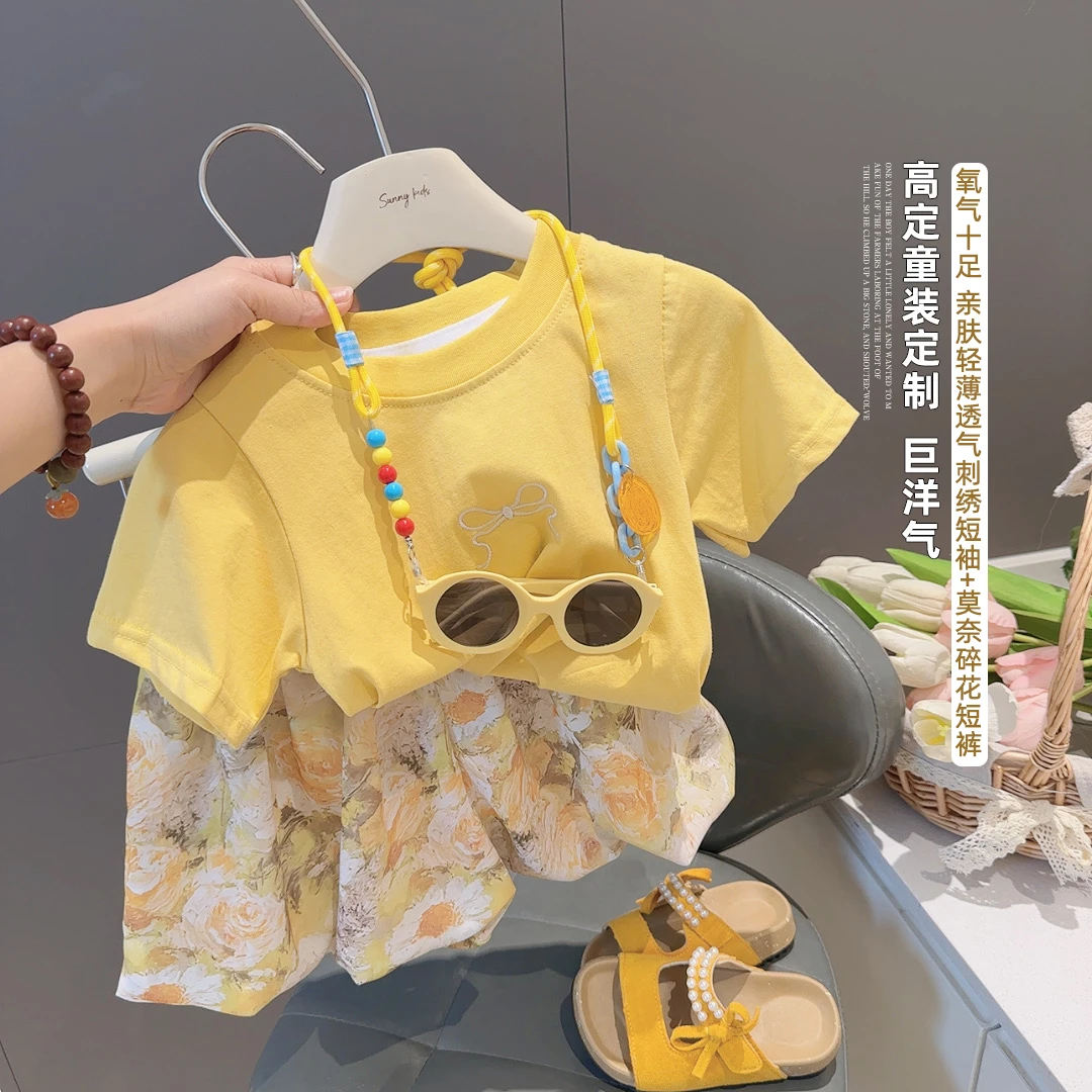 夏季薄款纯棉圆领女童可爱套装两件套纯色甜美公主