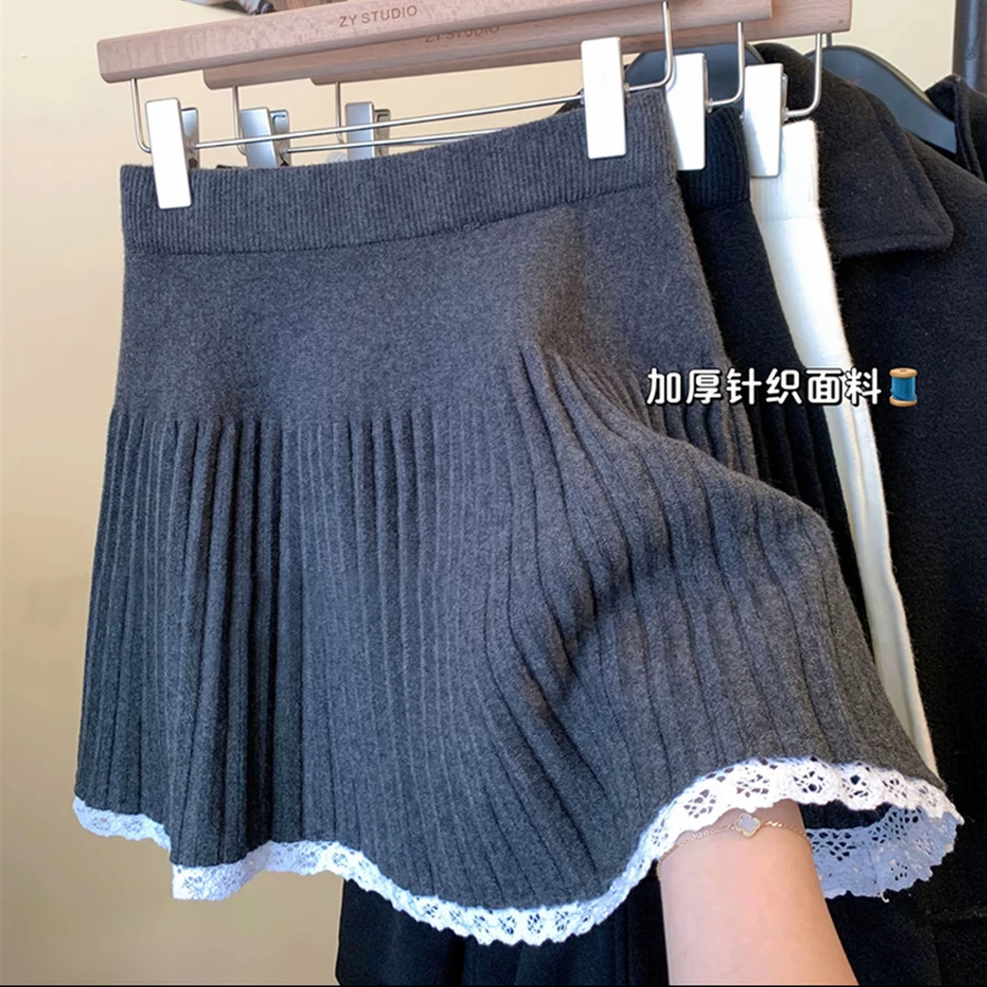 大码可穿设计感蕾丝花边拼接针织百褶半身裙女高腰显瘦a字短裙女