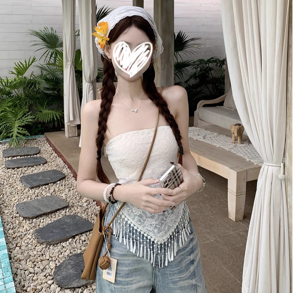 性感辣妹蕾丝拼接抹胸背心女2025夏季新款修身显瘦气质流苏上衣