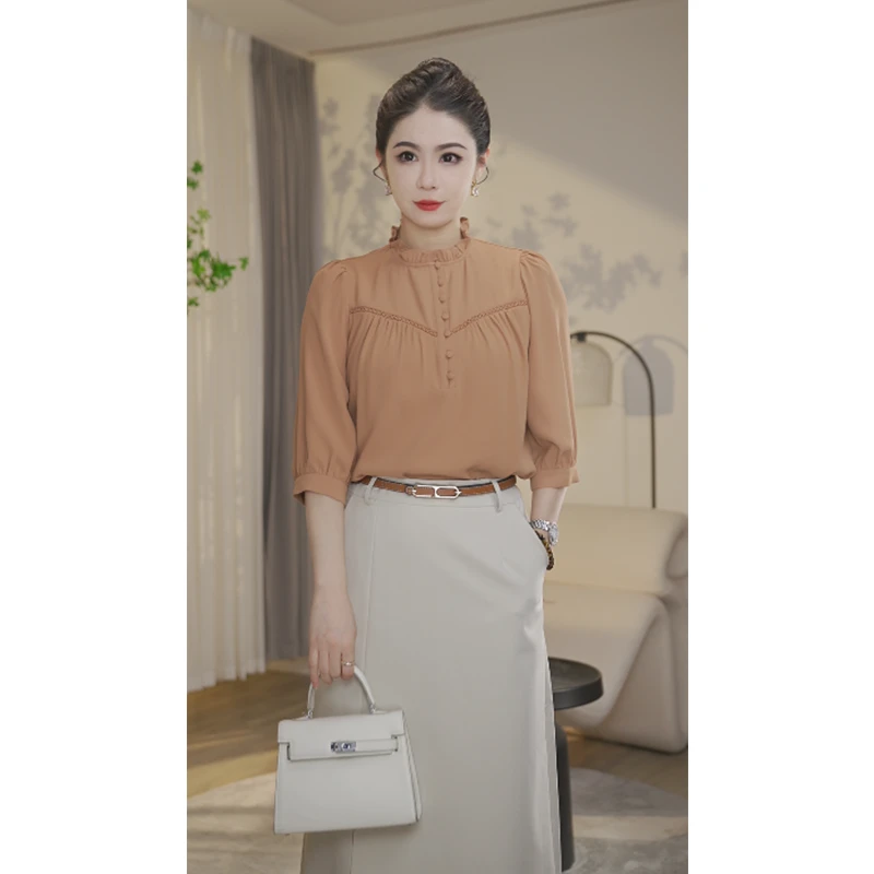 【曼曼甄选】2025高级感气质衬衫女洋气衬衫外穿休闲8592366A奶橘色