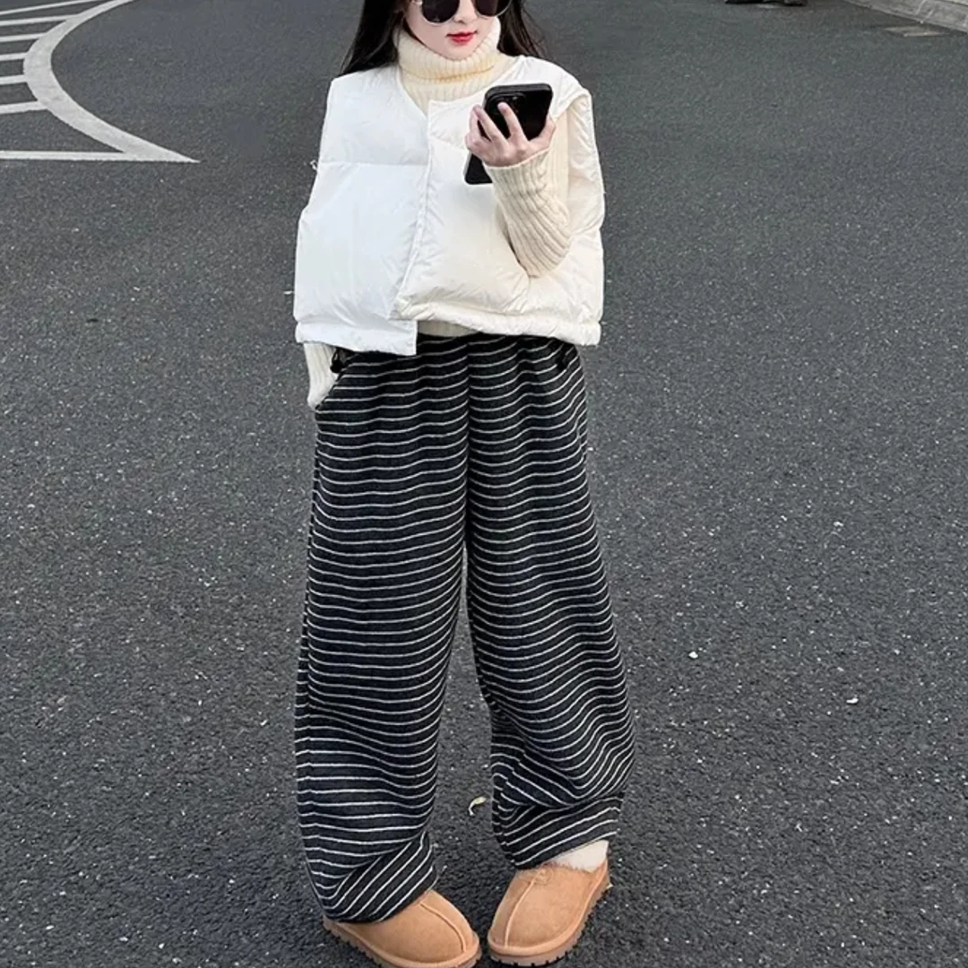 【特厚款】儿童冬装仿兔貂阔腿裤中大童直筒裤加绒条纹休闲裤糯米裤