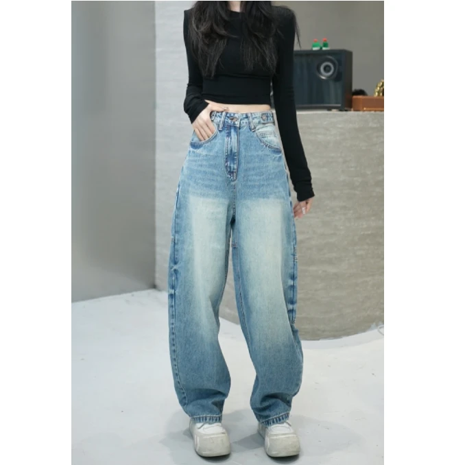 YD88002-浅蓝【N5专享】早春新款水洗高腰休闲牛仔弯刀裤