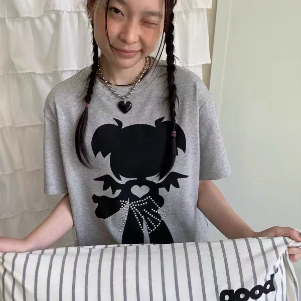 美好商店MeihaoStore恶魔剪影小女孩轻亚烫钻宽松短袖T恤