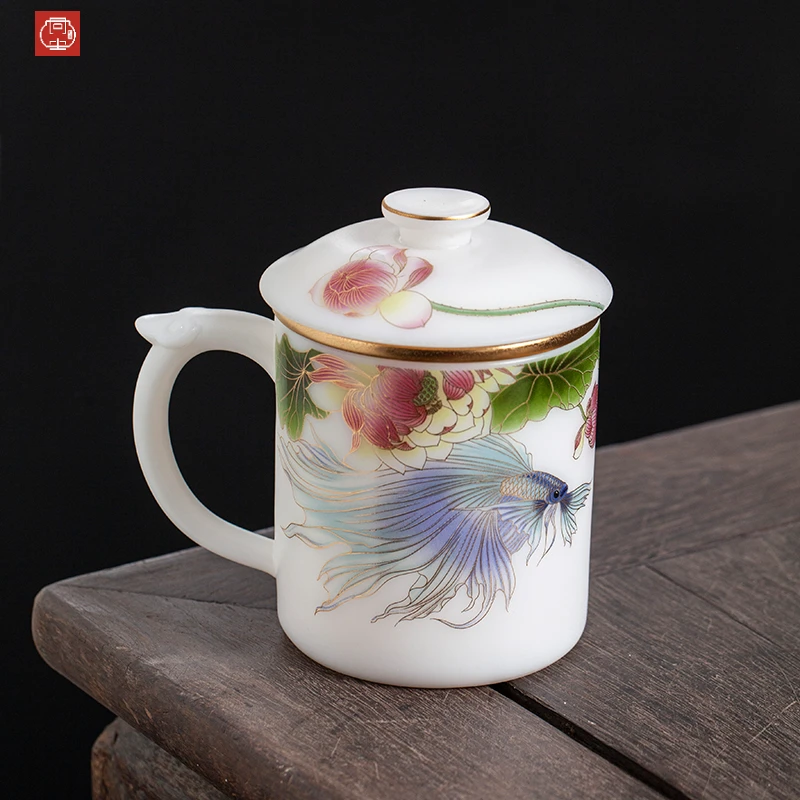 郭志保老师冰种玉瓷素烧鱼戏荷塘中式带盖办公杯(300ml)家用