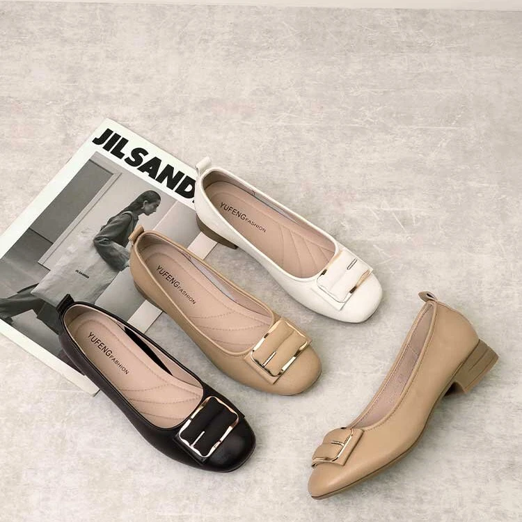 真皮单鞋浅口豆豆鞋薄款日系单鞋百搭尖头软底时尚舒适中跟