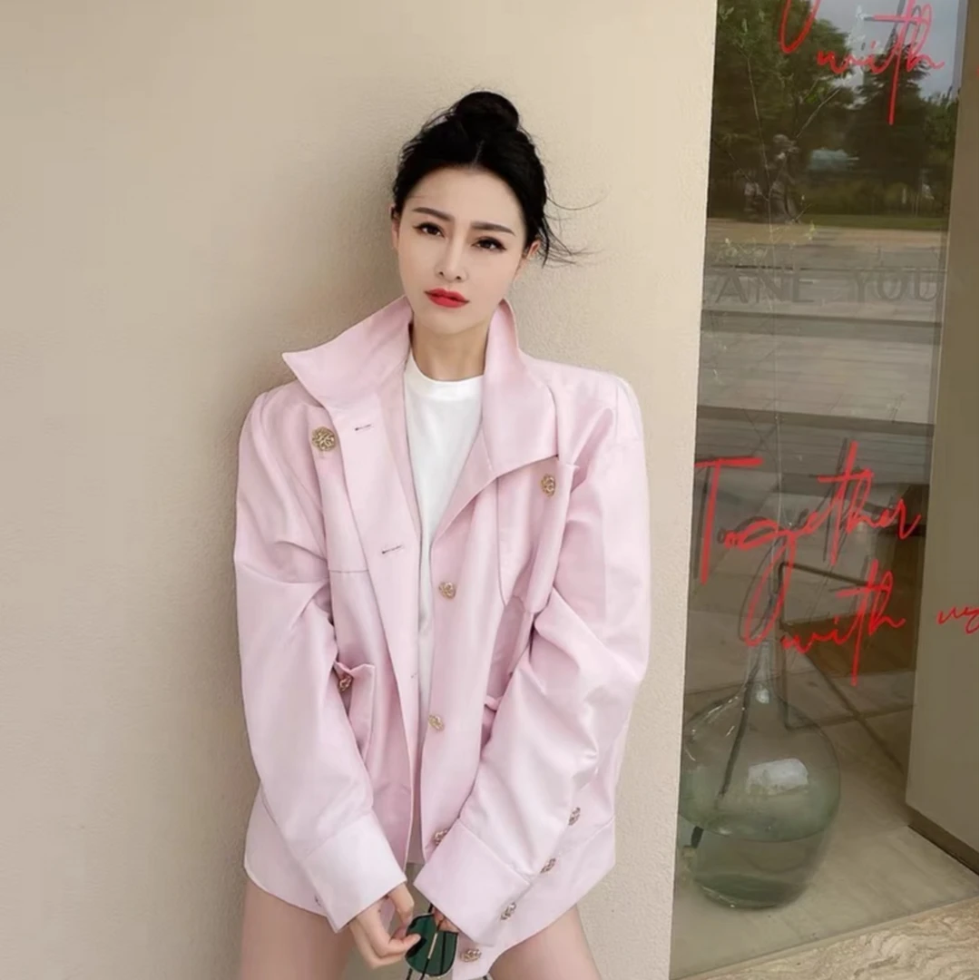 95新 Chanel/香奈儿 IW0358 浅粉色棉质翻领单排扣夹克外套 XXS码