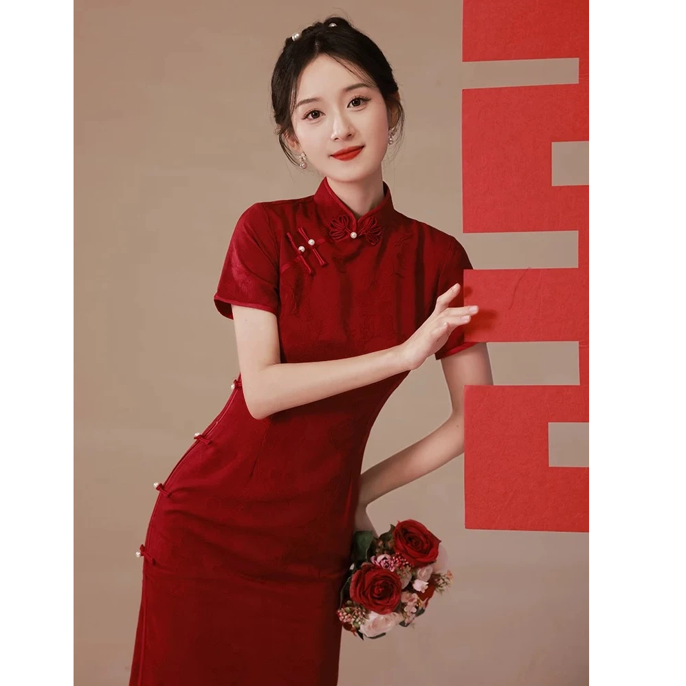 【似锦】春夏酒红色新中式旗袍小个子订婚敬酒服少女气质出阁宴