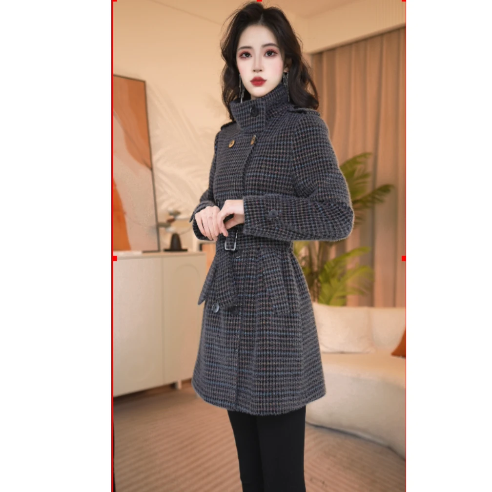 冬季毛呢中长款加厚秋冬格纹显瘦气质棉服606