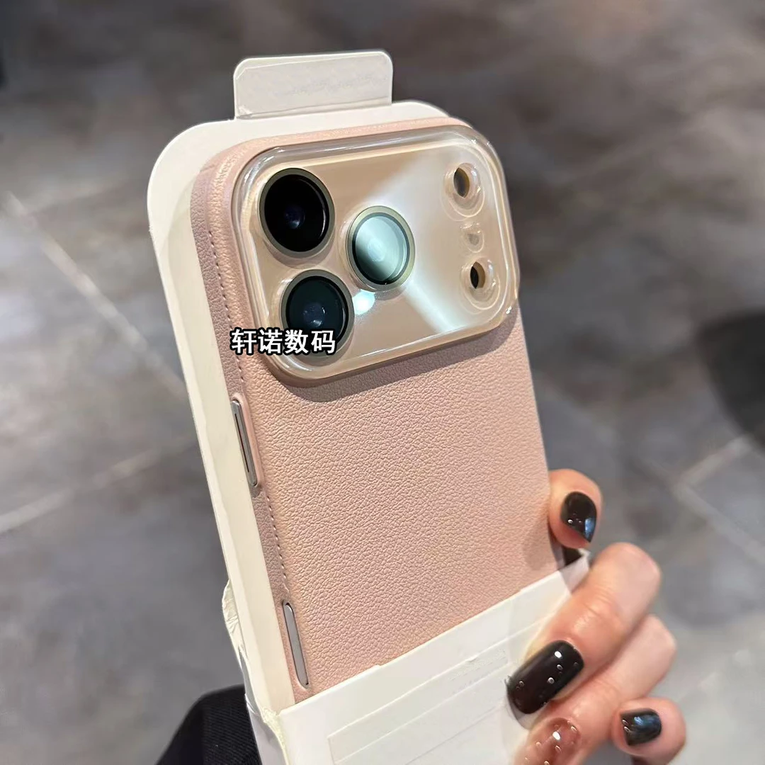 高级感烟粉色荔枝皮纹适用iPhone17ProMax手机壳新款镜头全包简约