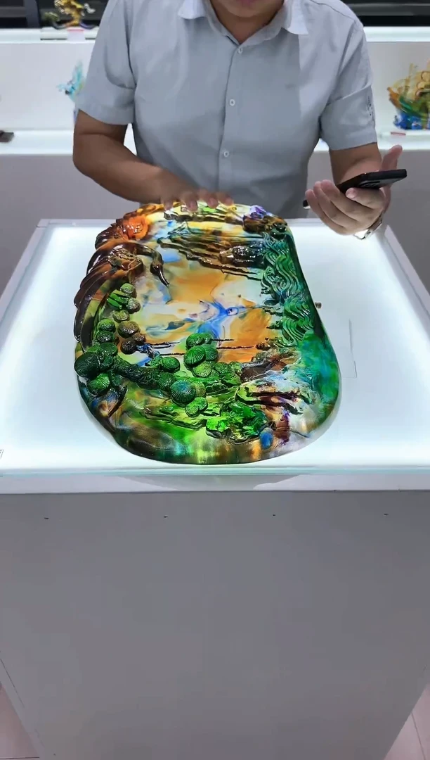 手工艺品琉璃磐*松鹤延年茶盘