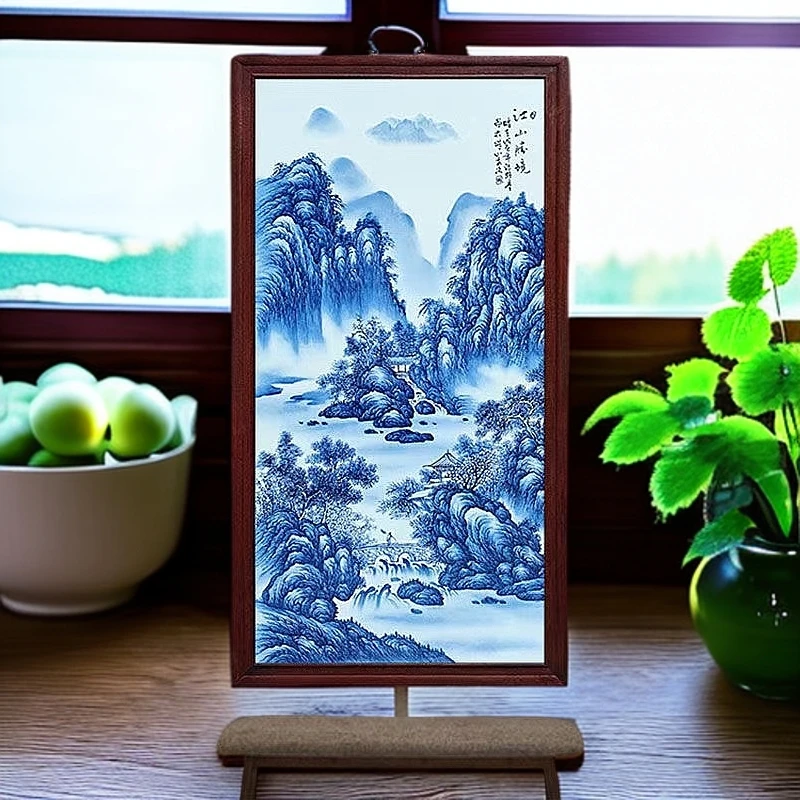 景德镇瓷板画柴窑烧制玄关青花山水江山胜境老子画像挂画