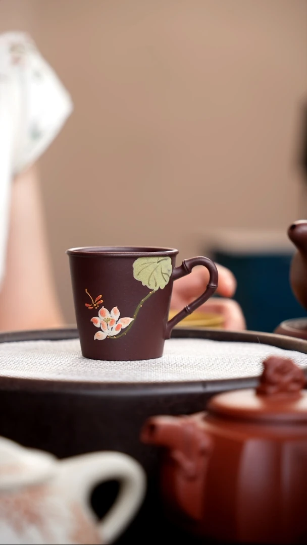 茶壶紫砂紫泥竹节手把杯荷花