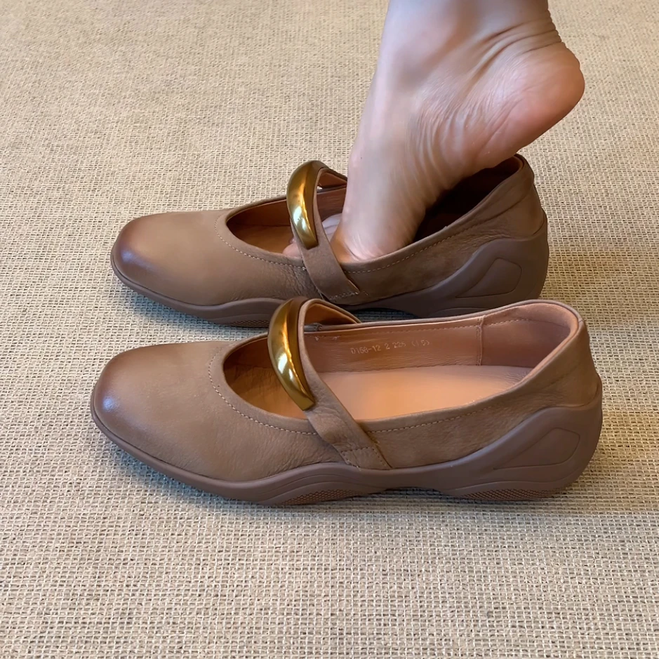 RubyL/3cm简约通勤百搭舒适金属一字带圆头浅口松糕厚底单鞋女款