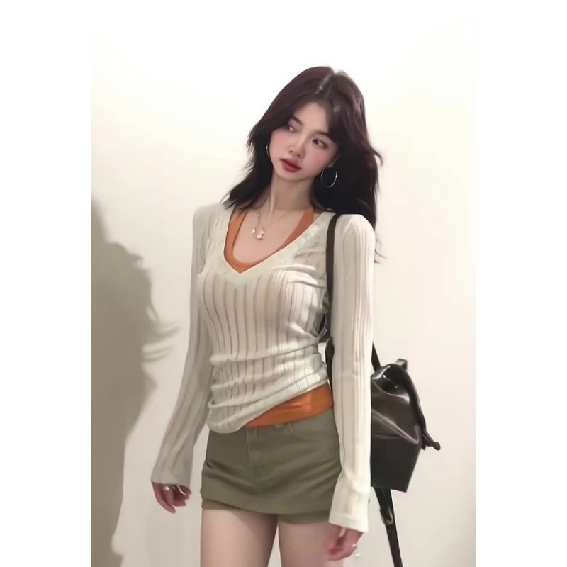 韩系纯欲长袖镂空针织衫女春夏季薄款搭配辣妹修身显瘦半身裙套装