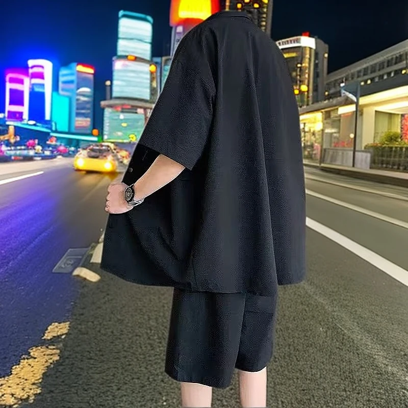 大码男装宽松衬衣两件套夏季工装短袖衬衫短裤套装男胖人胖子肥佬