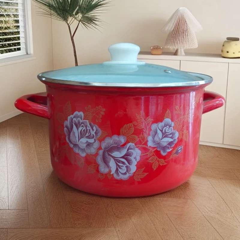 【搪小厨】24cm福锅带盖家用中国红大容量猪油盆猪油罐双耳复古加厚