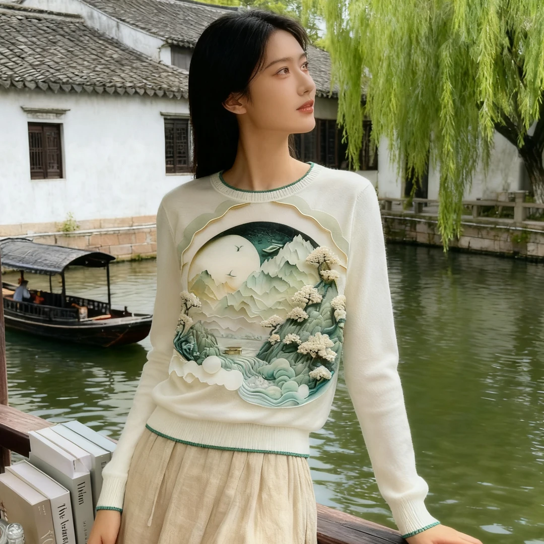 AW 25185【听泉茉莉】2025 秋桑蚕丝印花拼接绢丝上衣