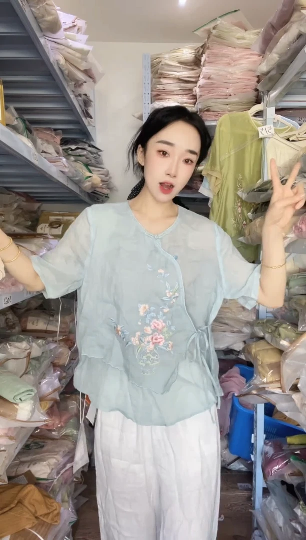 5033蓝色麻印小衫M