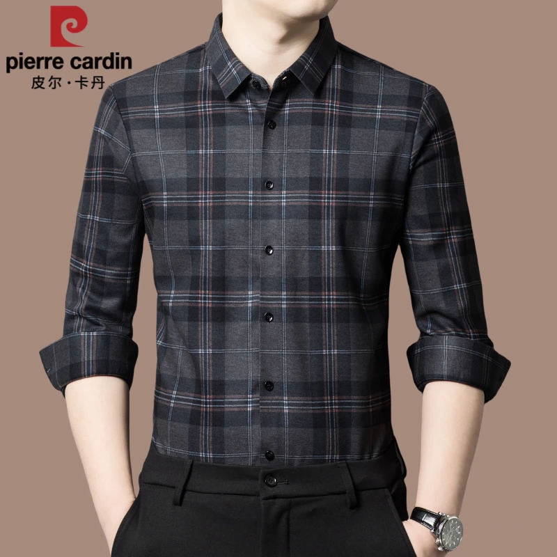【国际大牌皮尔卡丹】高档男士翻领格子衬衫冬季保暖打底长袖衬衣男