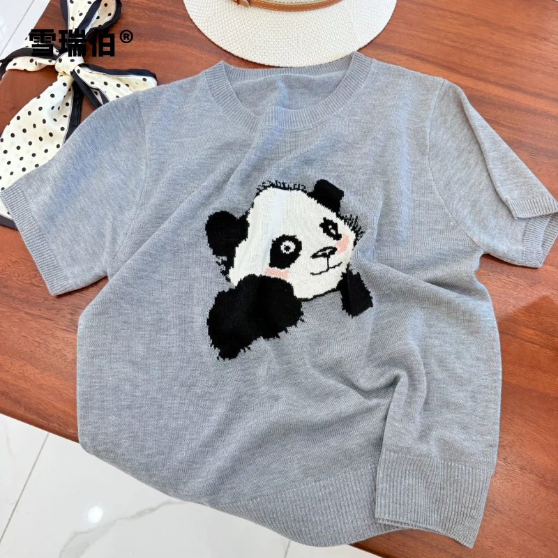 【超薄桑蚕丝】熊猫春夏浅灰针织衫圆领女装打底衫T恤短袖薄734
