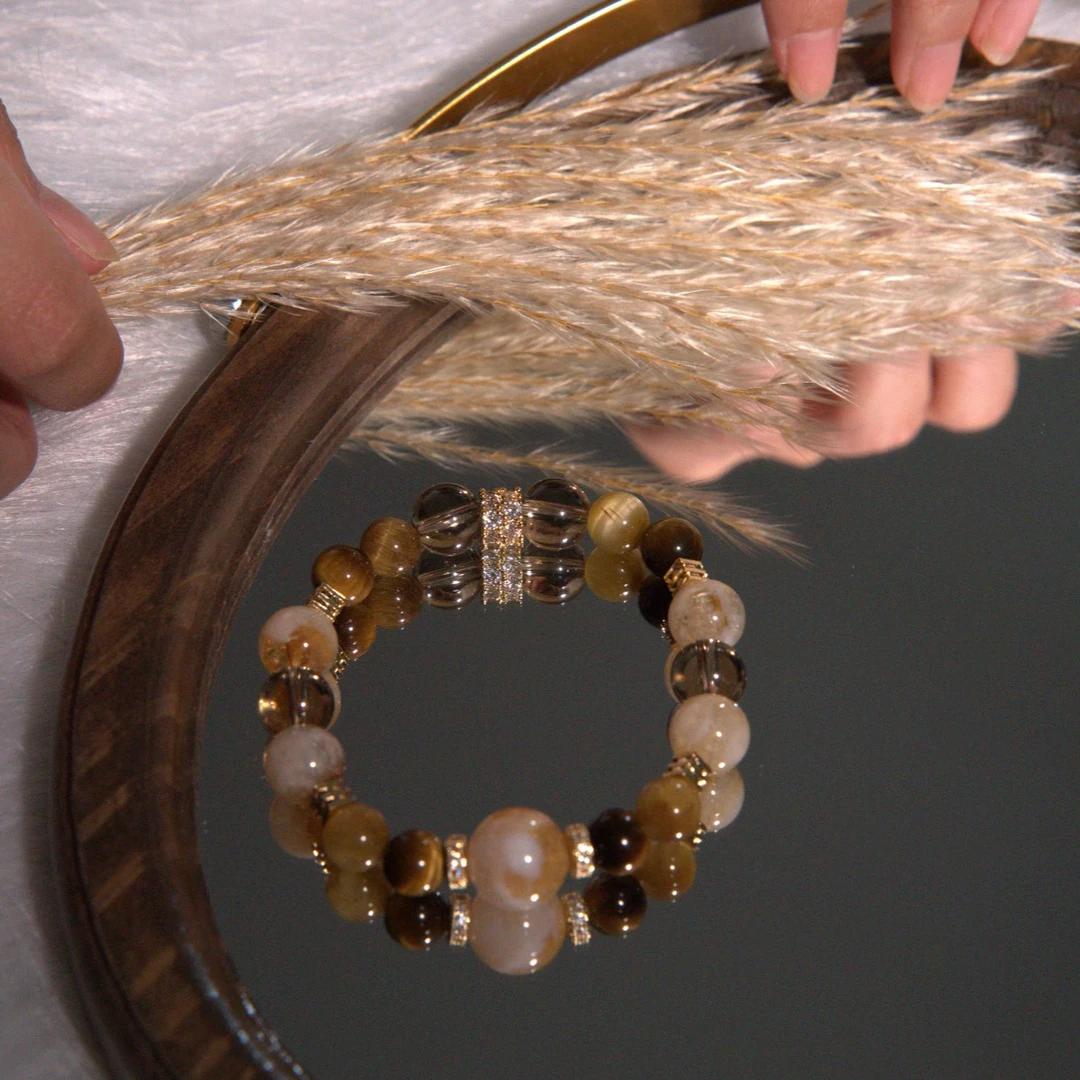 【富九洲】黄塔晶茶晶+虎眼珠+黄水晶+金虎眼+冰曜岩手串