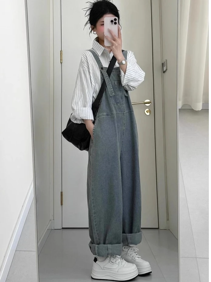 2025秋季新款韩系学院风套装条纹衬衫上衣高腰背带阔腿裤两件套女