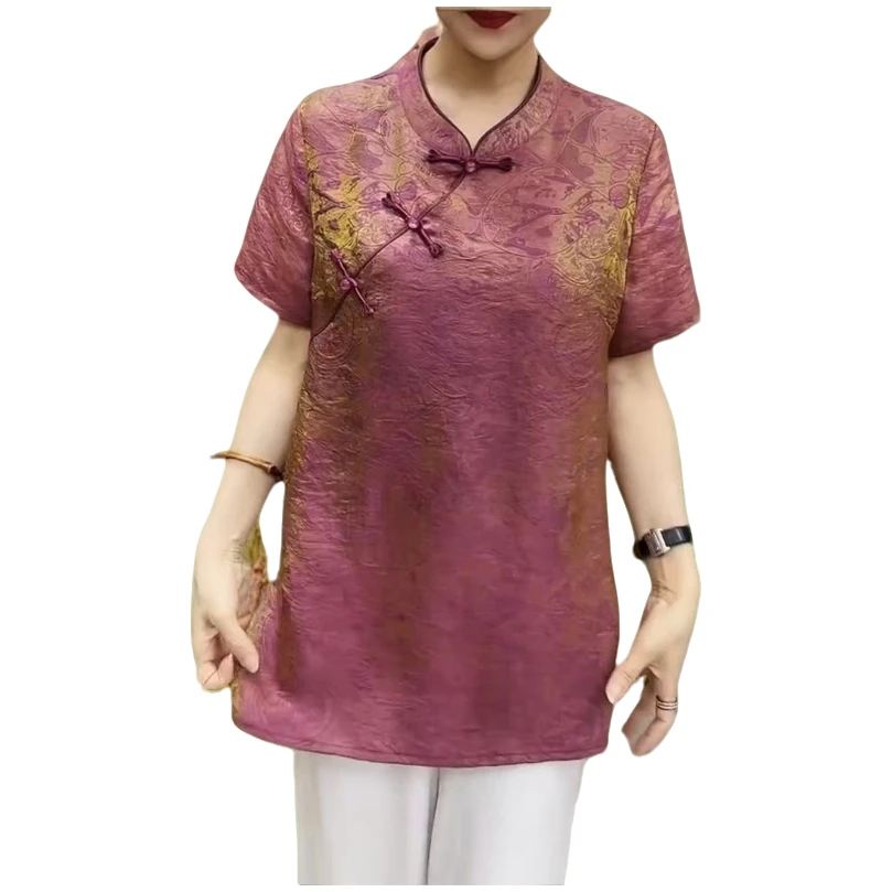 旗袍领薄款中老年女装显瘦民族风小衫