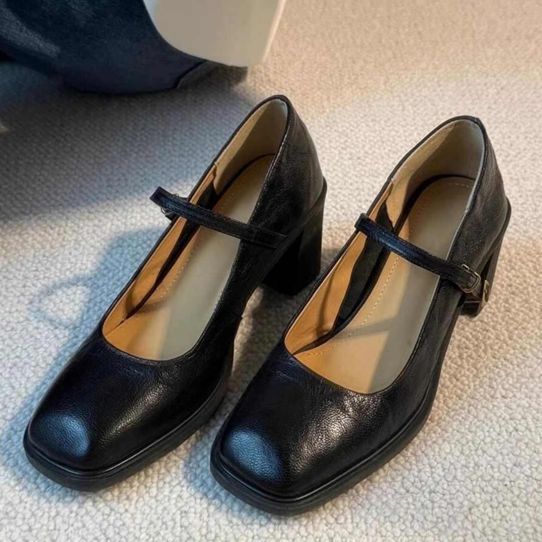 软皮法式一字带玛丽珍鞋女黑色显瘦高跟鞋方头不累脚旗袍粗跟单鞋