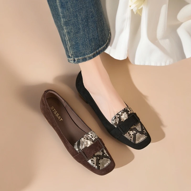 星期六女鞋秋冬羊皮百搭真皮方头低跟平跟软底舒适单鞋乐福鞋