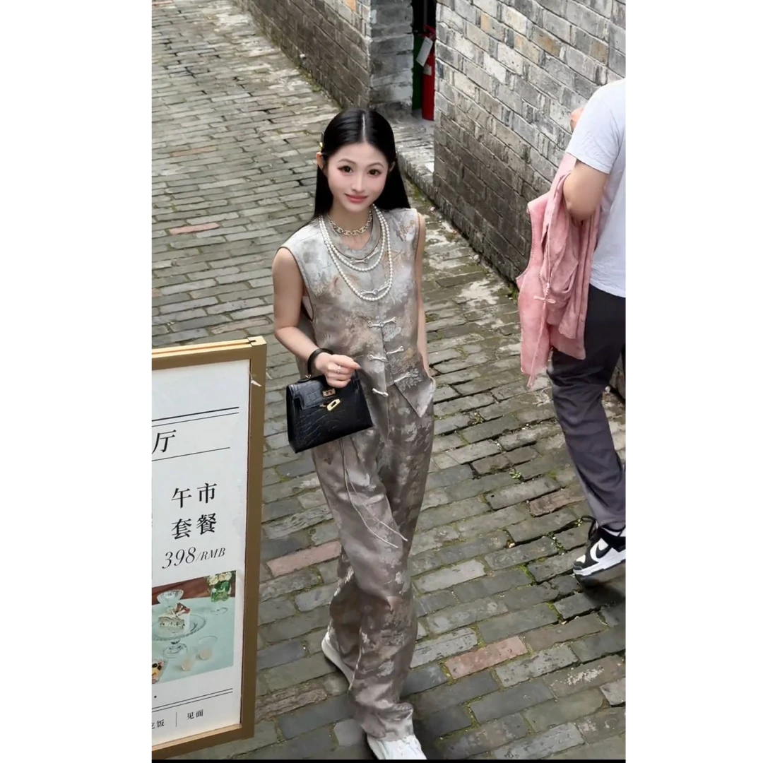 【琼楼玉宇】新中式气质网红休闲夏季中国风套装无袖马甲上衣阔腿裤