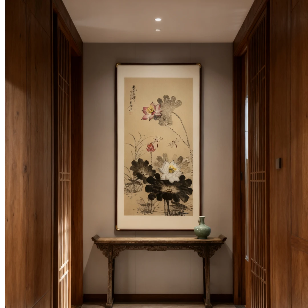 和气致祥新中式荷花画竖版玄关客厅茶室走廊挂画122*62