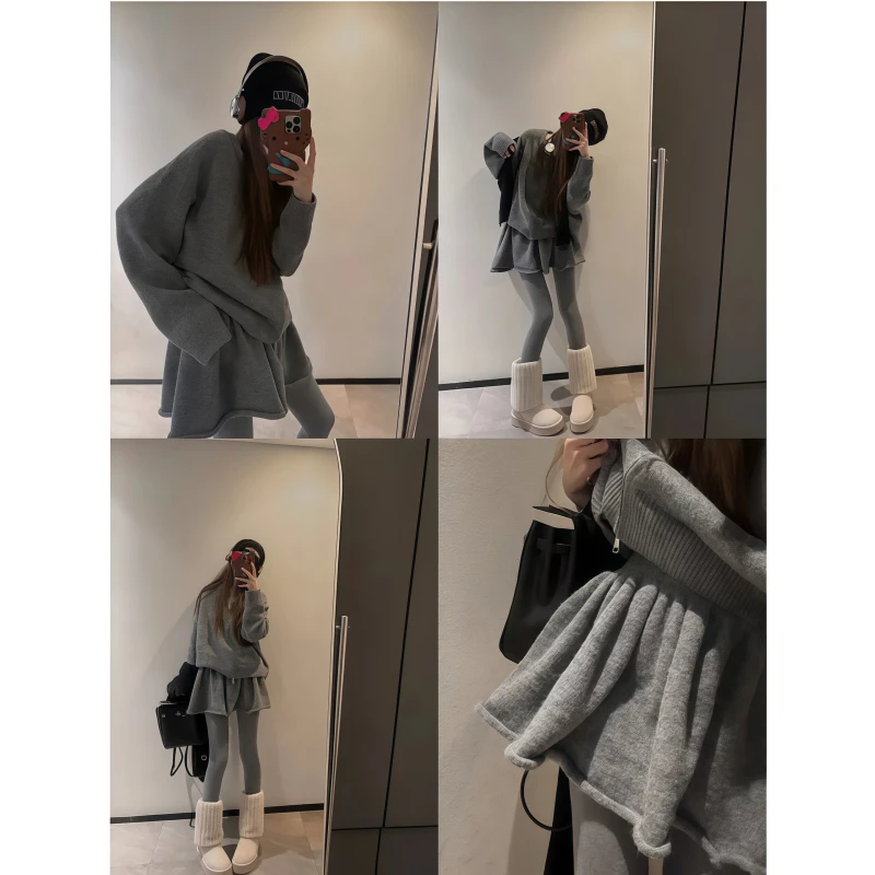慵懒风针织套装女2025秋冬新款灰色保暖拉链毛衣+花苞短裙两件套