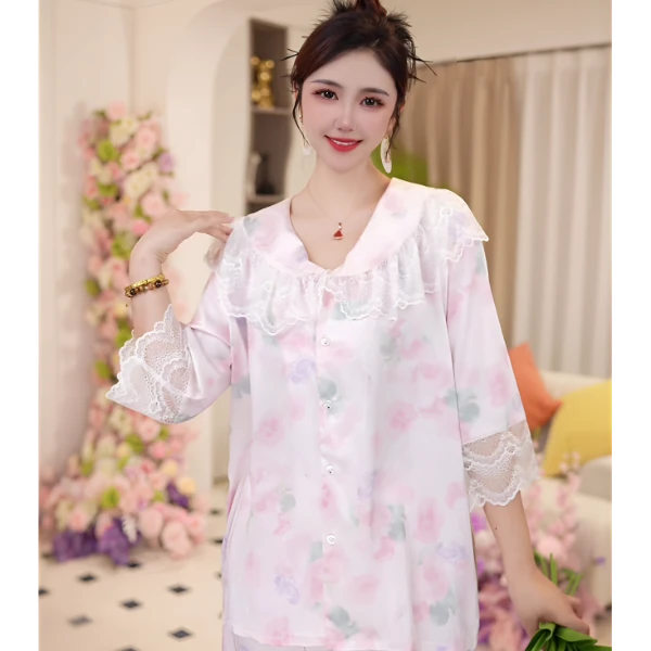 鑫鑫家【芋桃云舒】短袖25夏季女士新款时尚透气冰丝高定家居服睡衣