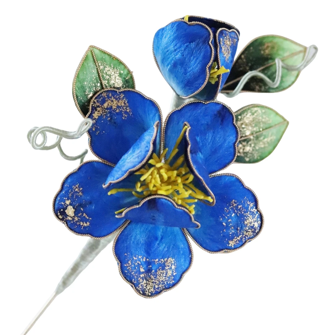 鎏金掐丝胸针非遗绒花发夹蓝色牡丹花发簪手工气质百搭绒花
