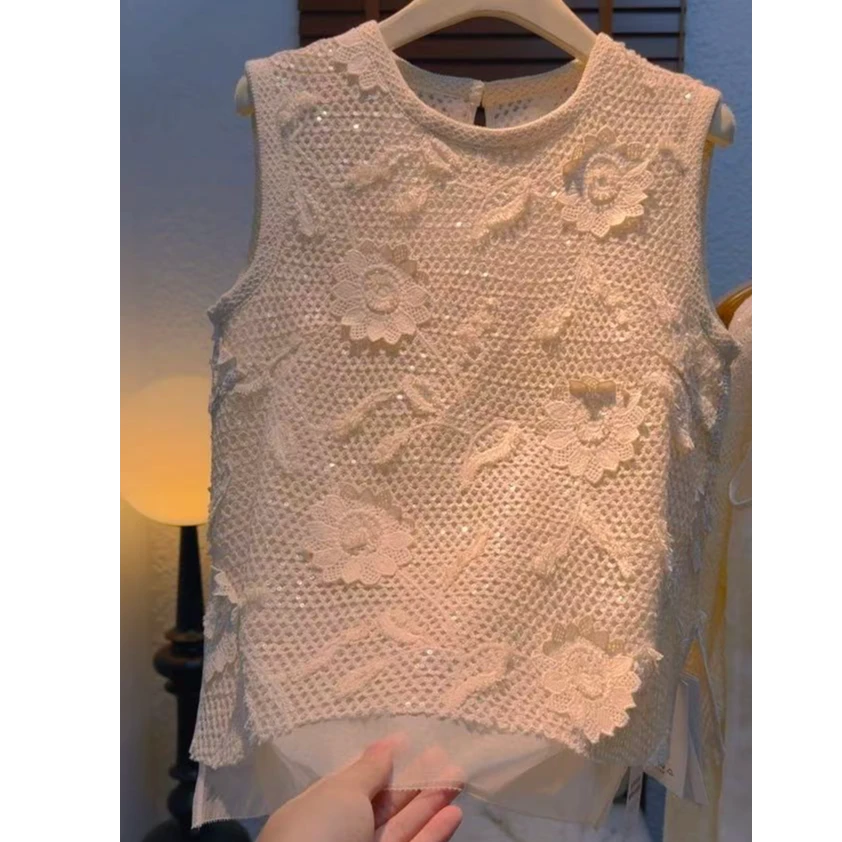 E251#圆领无袖米白蕾丝刺绣镂空针织背心上衣