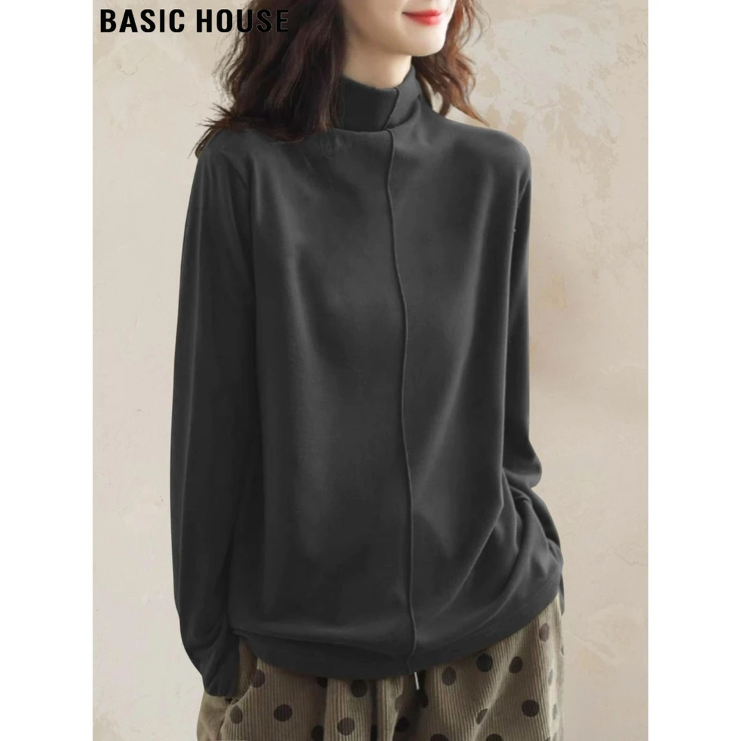 Basic House/百家好高级感灰色立领纯色加厚T恤女2026冬季打底衫