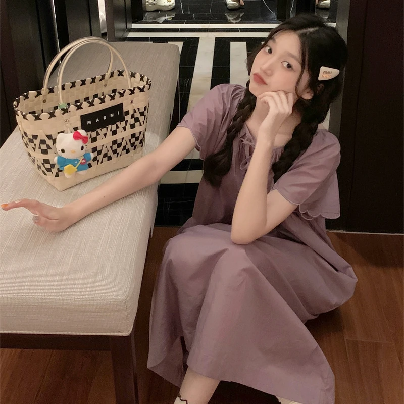 韩国ins简约紫色纯棉系带睡裙女夏季短袖中长款少女睡衣家居服薄