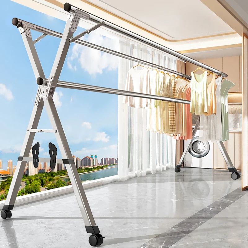 不锈钢晾衣架落地折叠室内凉衣杆伸缩家用衣服室外阳台晒被子神器