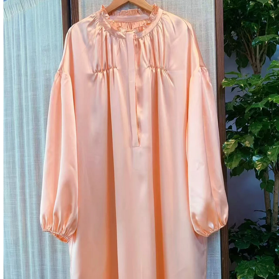 【素月集】之弥云真丝高雅极致触感粉色圆领长袍温婉薄款简约家居服