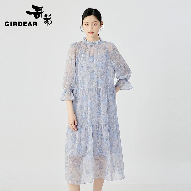 哥弟新款法式浪漫温柔减龄木耳领泡泡中袖印花连衣裙两件套150008