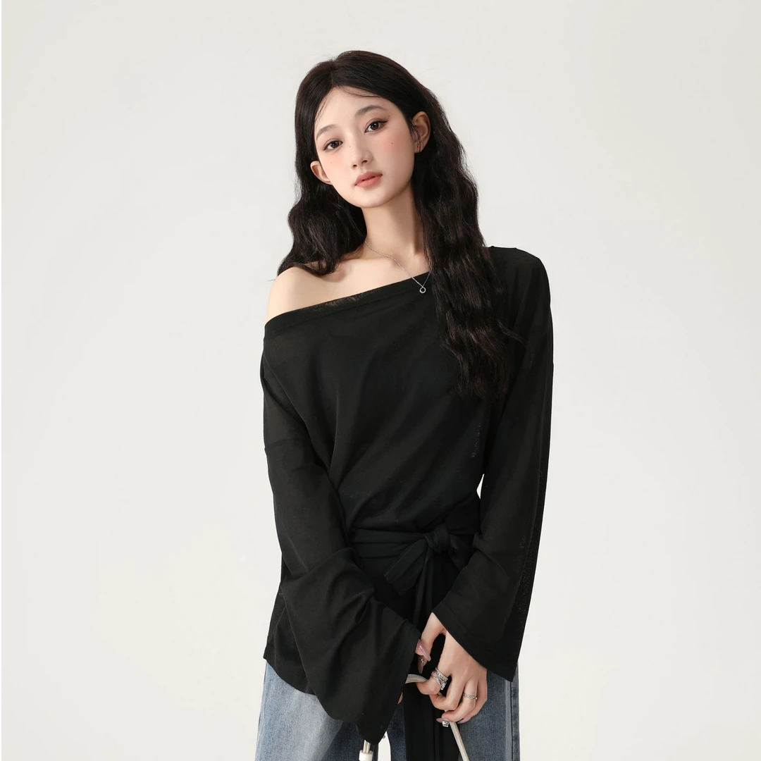 秋季宽松气质黑色小众设计感露肩罩衫微透短款长袖上衣百搭时尚