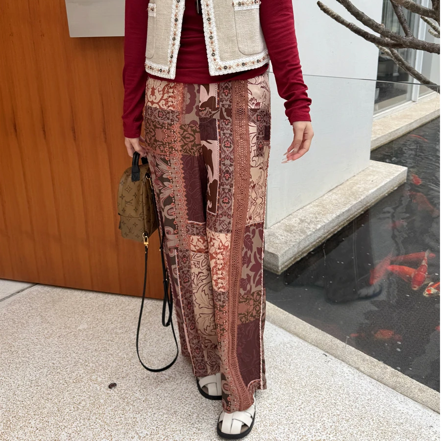 RAW STONE 25春夏新款真丝印花长裤百搭休闲随性阔腿裤宽松复古