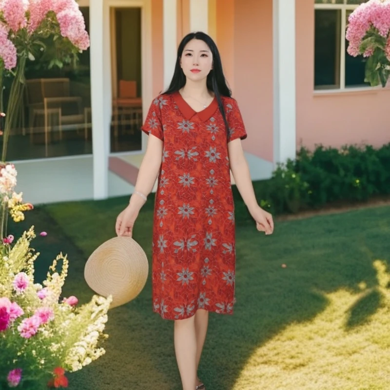 10004-夏季连衣裙中年女洋气遮肚显瘦中长裙遮肚减龄裙子【G仓】