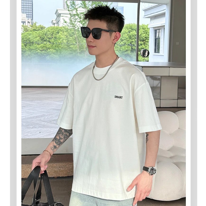 【250克纯棉】白色短袖男t恤夏季高级感男装字母印花百搭上衣体恤衫