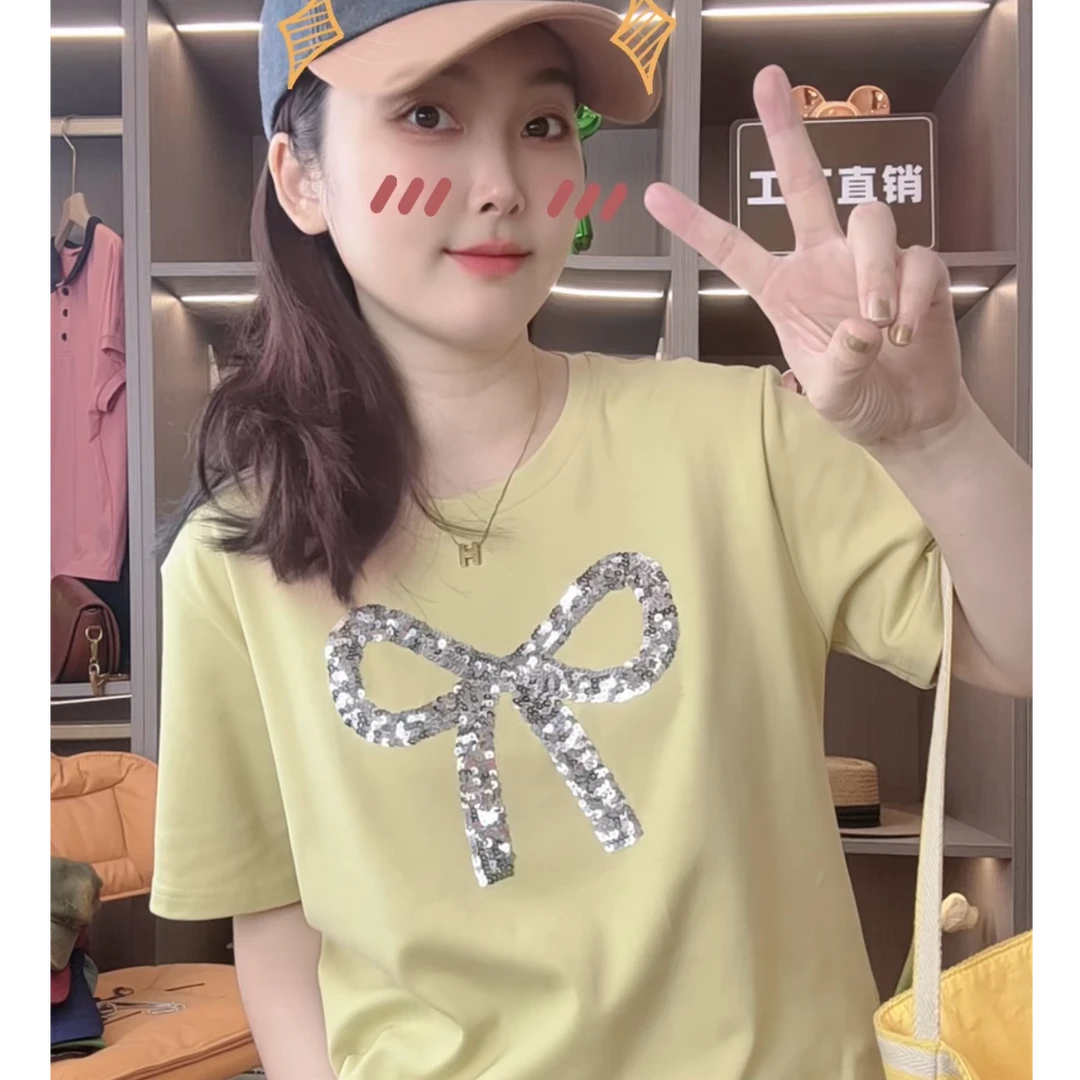 【亮片蝴蝶结】新款微宽松显瘦亮片绣花棉短袖T恤女气质