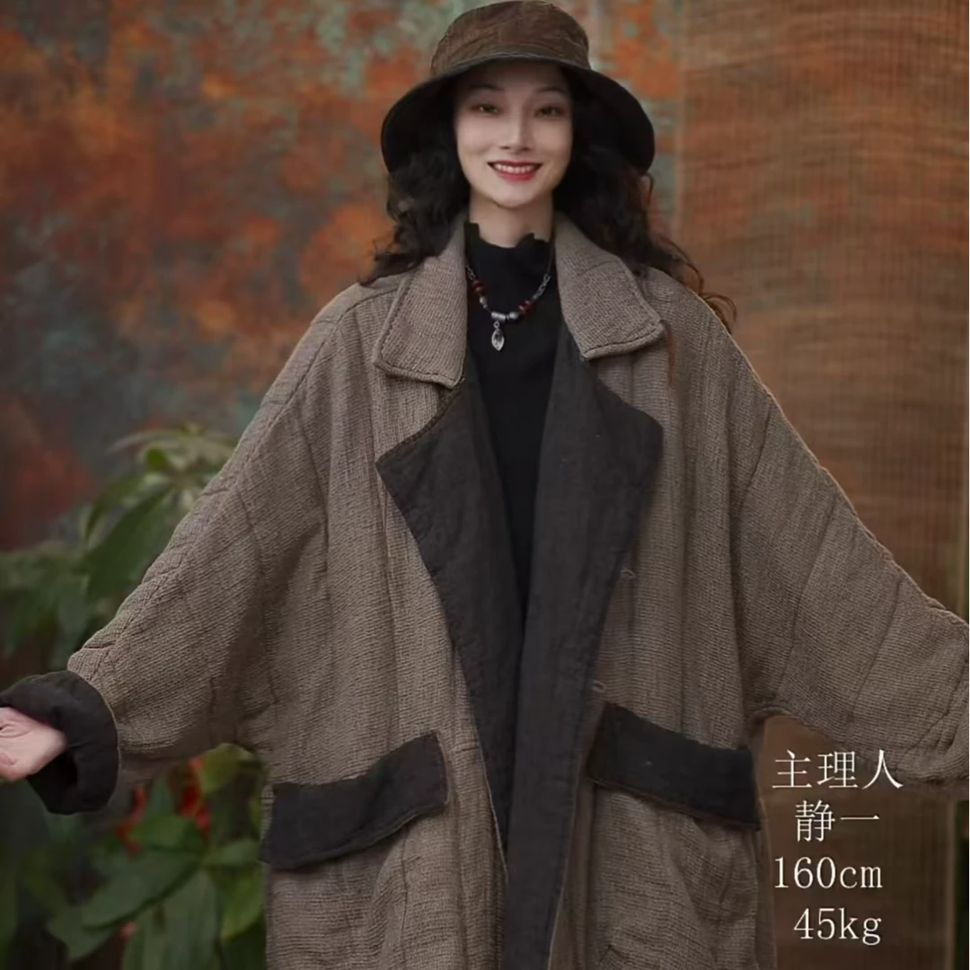 静一分享【山昭雾】#2411002 粗麻多手工翻领大口袋长棉服