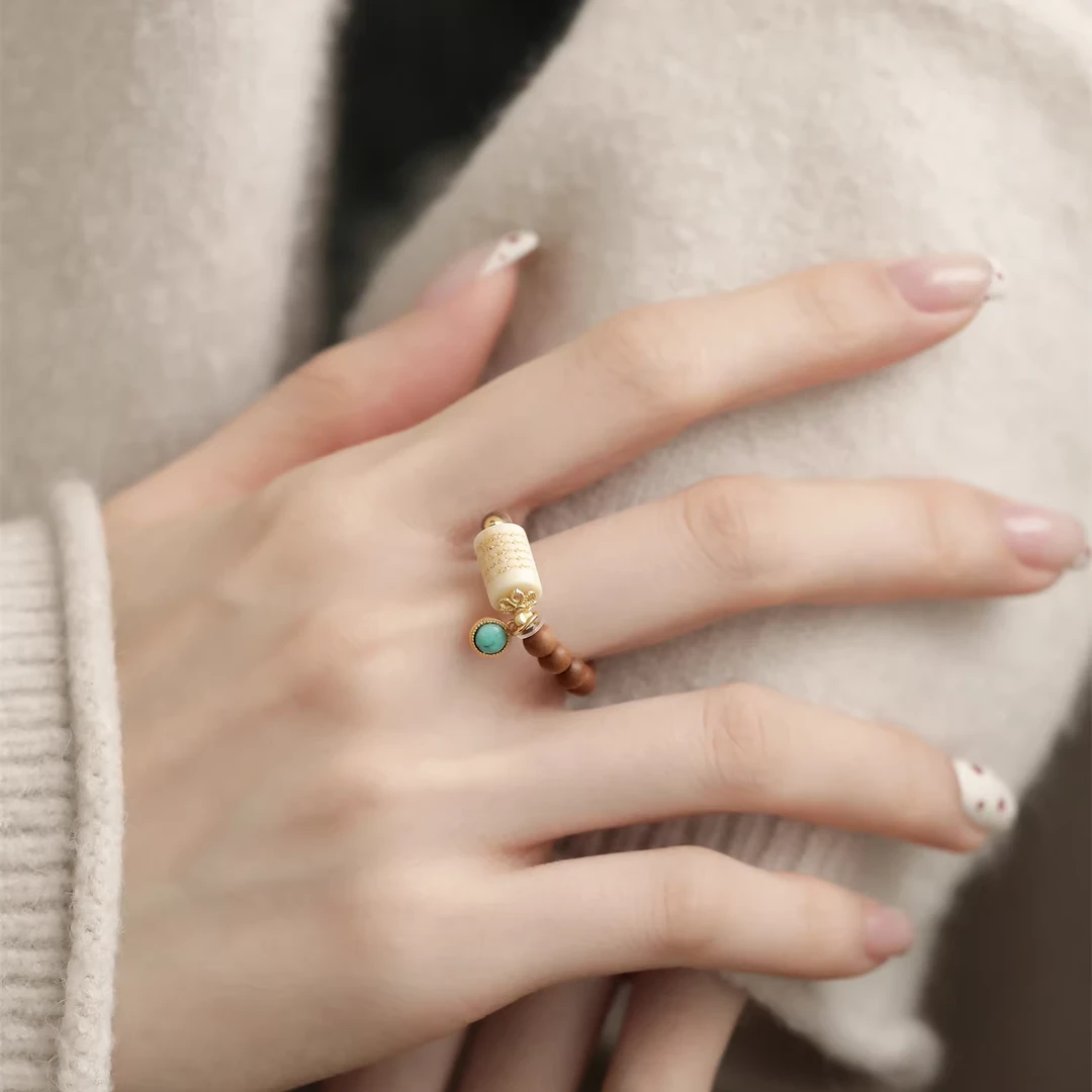 J13571<晶贵坊>老山檀圆珠绿松镶嵌吊坠猛犸五条经桶珠戒指