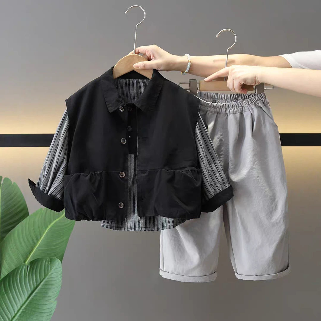 男童套装春秋季2025年款衣服儿童服装宝宝马甲三件套潮酷痞帅童装